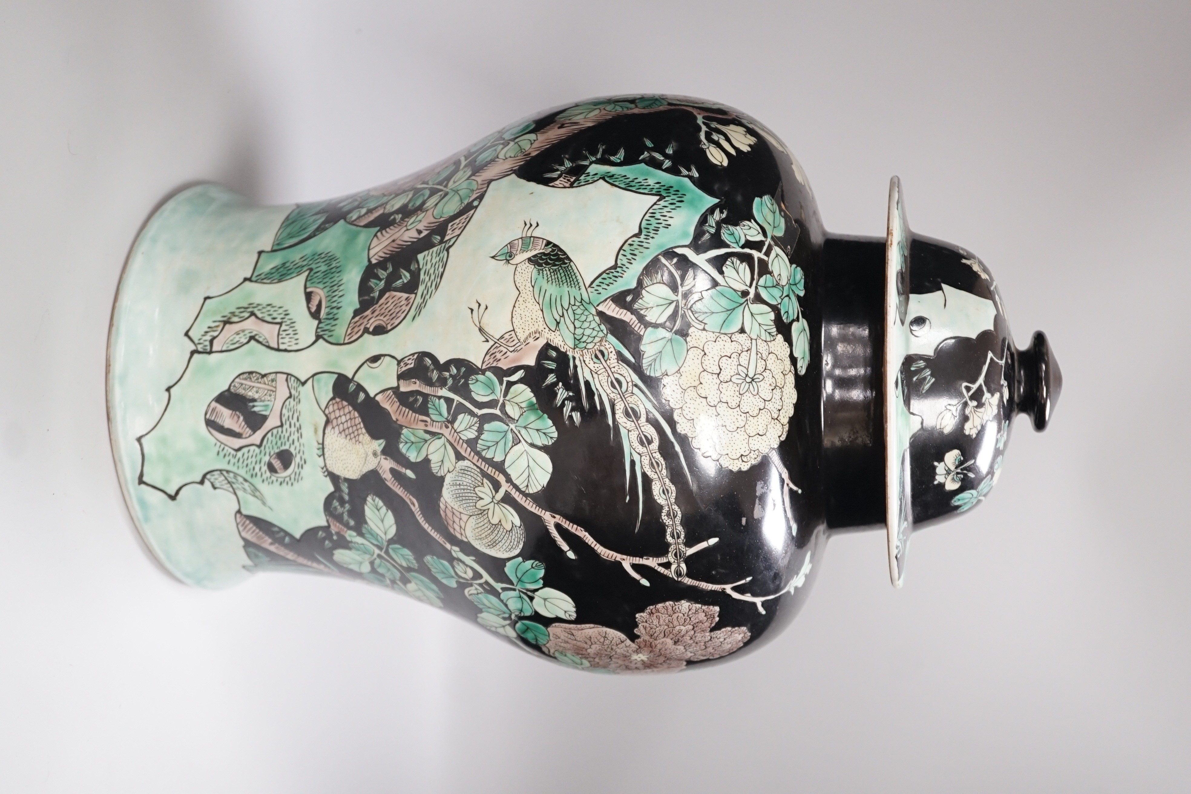 A large Chinese famille noire vase and cover, 42cm